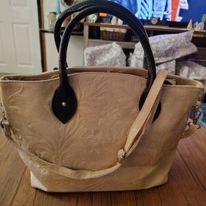 Beige Embossed Suede Tote Bag with Black Handles